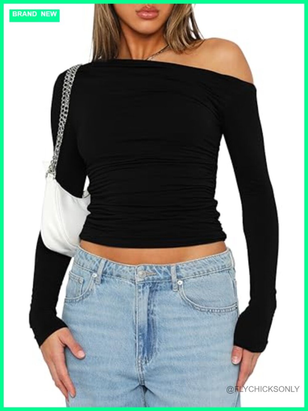 Off Shoulder Long Sleeve Ruched Crop Top Y2K Slim Fit Going Out Club Blouse